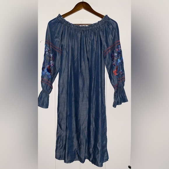 Philosophy Chambray Embroidered Floral Peasant Mini Dress‎ Women S Boho Pullover - Picture 8 of 8